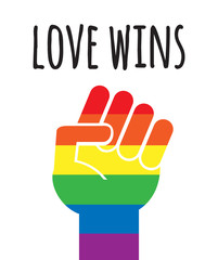 Obraz premium Vector flat cartoon lgbt rainbow flag pride fist and love wins lettering poster isolated on white background