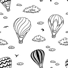 Pattern with air balloons and clouds. Vector illustration.  Isolated on white background. Design for air travel or summer vacation tour, wrapping paper, scrapbooking.