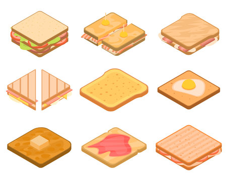Toast icons set. Isometric set of toast vector icons for web design isolated on white background