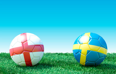 Two soccer balls in flags colors on green grass. Women's soccer. Match for third place. England and Sweden. 3d image