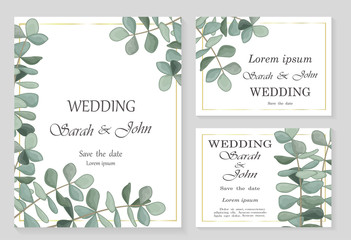 Wedding invitation with leaves eucalyptus, watercolor, isolated on white. Vector Watercolour.