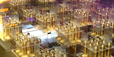 glass block with glowing micro chips in them and abstract structures. New techologiesneural networks 3d rendering illustration concept.