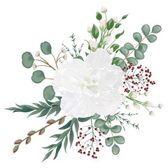 Bouquet with leaves and flowers, watercolor, isolated on white. Vector Watercolour.