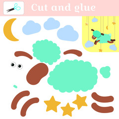 Cut out and glue a funny little animal lamb. Paper game to create applications. Teaching leisure preschoolers. Handmade puzzle to create a pet. Green sheep, stars and the moon.