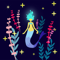 Print mermaid. Cartoon character siren. A girl with blue hair and a tail. Underwater world. Multicolored algae. Illustration for a postcard, poster, wall decor or textile design. Fairy-tale woman