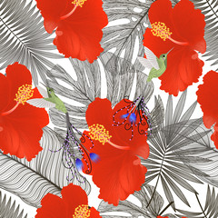 Beautiful seamless pattern with Palm-leaf, flower Hibiscus and Colibri. Vector illustration.
