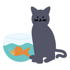 cute cat mascot with fish in aquarium