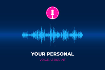 Personal voice assistant and recognition intelligent technologies concept. Vintage retro radio microphone button and sound imitation equalizer on blue gradient background. Vector illustration