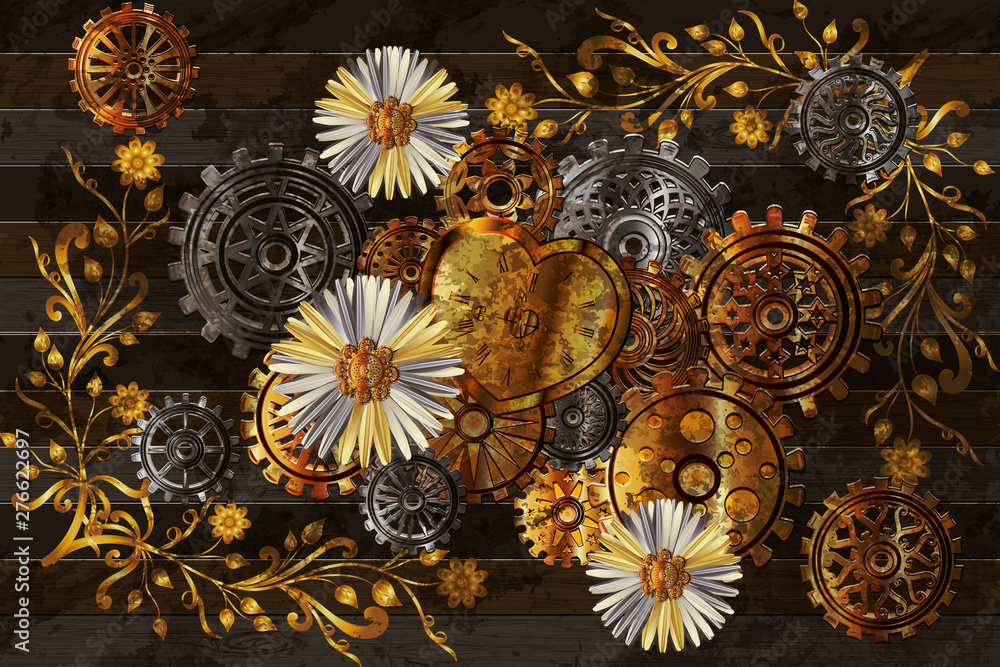 Wall mural beautiful background with chamomile flower and gears in the style of steampunk. vector illustration.