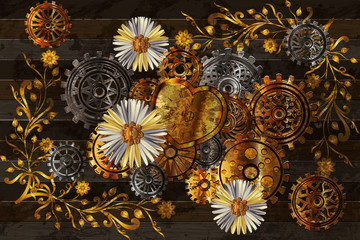 Beautiful background with chamomile flower and gears in the style of steampunk. Vector illustration.