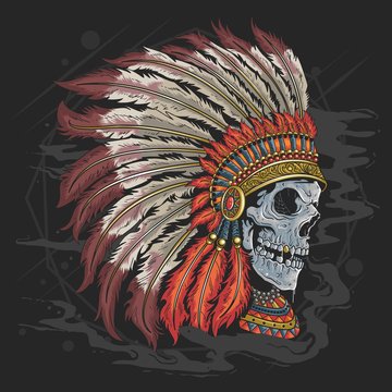 APACHE AMERICAN INDIAN SKULL HEAD TATTOO ARTWORK WITH EDITABLE LAYERS VECTOR