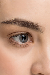close up of attractive young woman with blue eye looking away