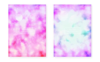 Bauhaus cover set with liquid shapes. Neon luminous  background with fluorescent purple.