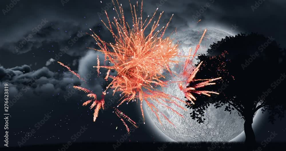 Poster fireworks and silhouette of a tree with the clouds and moon