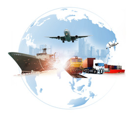 Plakat The world logistics , there are world map with logistic network distribution on background and Logistics Industrial Container Cargo freight ship for Concept of fast or instant shipping