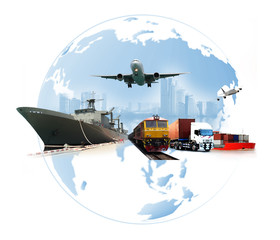 Plakat The world logistics , there are world map with logistic network distribution on background and Logistics Industrial Container Cargo freight ship for Concept of fast or instant shipping