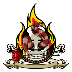 Isolated detailed colored tattoo of a skull with a snake, bones and flame - Vector