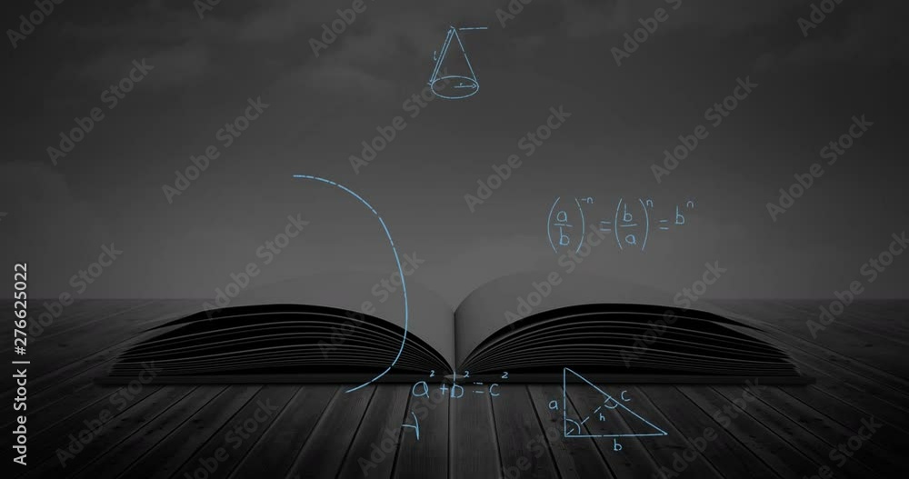 Poster an open book and mathematical equations with figures