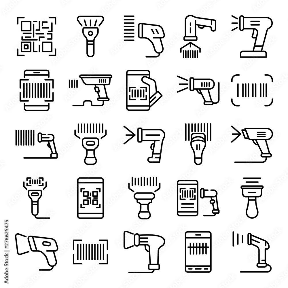 Poster barcode scanner icons set. outline set of barcode scanner vector icons for web design isolated on wh