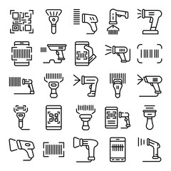 Barcode scanner icons set. Outline set of barcode scanner vector icons for web design isolated on white background - obrazy, fototapety, plakaty
