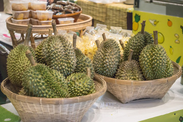 Fresh Durian Fruit in Handcraft Basket Fresh Market Concept