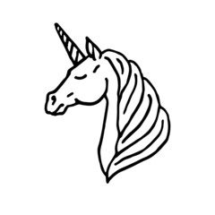 Vector black line hand drawn doodle sketch unicorn head isolated on white background