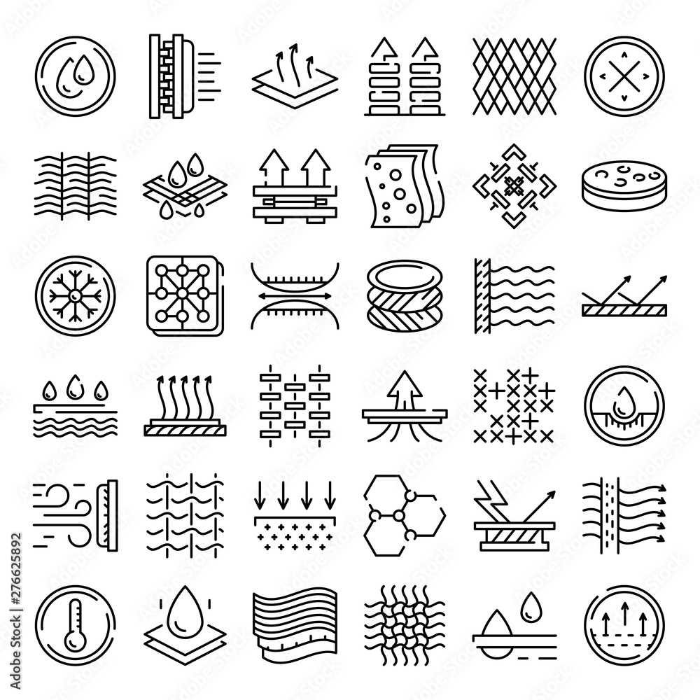 Poster fabric feature icons set. outline set of fabric feature vector icons for web design isolated on whit