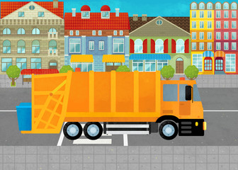 cartoon scene with trash truck industrial car in the city on the street illustration for children