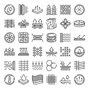 Fabric feature icons set. Outline set of fabric feature vector icons for web design isolated on white background