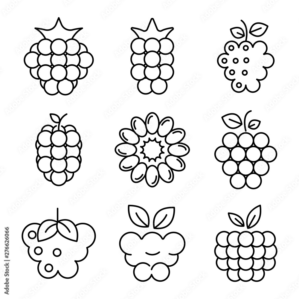 Poster raspberry icons set. outline set of raspberry vector icons for web design isolated on white backgrou