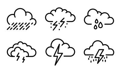 Thunderstorm icons set. Outline set of thunderstorm vector icons for web design isolated on white background