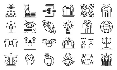 Business cooperation icons set. Outline set of business cooperation vector icons for web design isolated on white background - obrazy, fototapety, plakaty