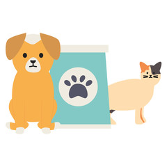 cute cat and dog mascots with food bag