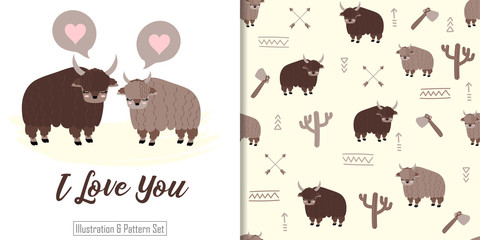 cute yak cartoon animal seamless pattern with illustration card set