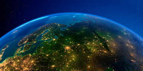 Detailed Earth at night. European part of Russia