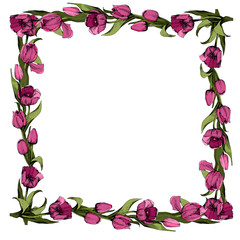 Frame with colored pink tulips. Spring mood. Design of printed materials. illustration