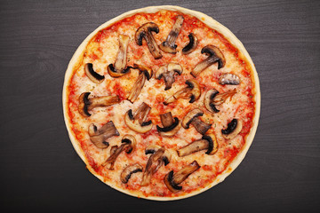 Tasty pizza with various flavored ingredients on a dark background