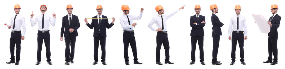 panoramic photo collage of confident architect isolated on white