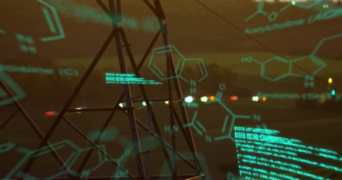 Chemical structures with program codes and a background of transmission towers with bokeh lights