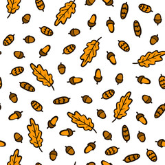 Hand Draw Autumn Oak Leaves Acorns and pine Cones Pattern. Vector Endless Background of Orange and Brown leaf fall. Template for printing on Fabric Wrapping paper Wallpaper Postcards and web Pages