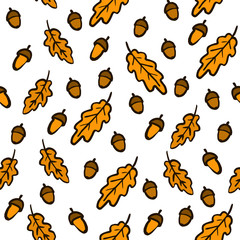 Hand Draw Autumn Oak Leaves Acorns and pine Cones Pattern. Vector Endless Background of Orange and Brown leaf fall. Template for printing on Fabric Wrapping paper Wallpaper Postcards and web Pages