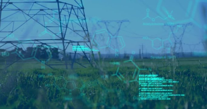 Chemical structures with program codes and a background of transmission towers