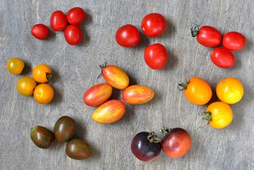 different varieties of cherry tomatoes. small tomatoes of different colors and types.