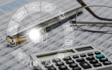 Calculator, pen, glasses and the financial report. Close up