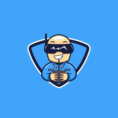 Racing drone pilot logo, sport mascot naughty bald drone race pilot logo icon character illustration cartoon style © Abdie