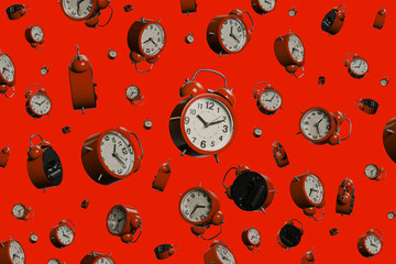 full frame shot of floating alarm clocks . time ponctuality concept . ringing clocks