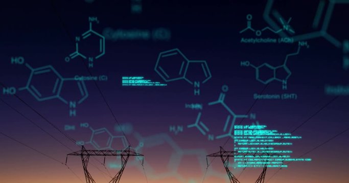 Chemical structures with program codes and a background of transmission towers