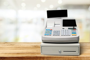 Cash register with LCD display on background