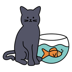 cute cat mascot with fish in aquarium