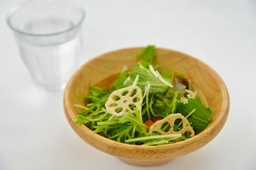 木製の食器に入った素揚げレンコンと水菜のサラダです。